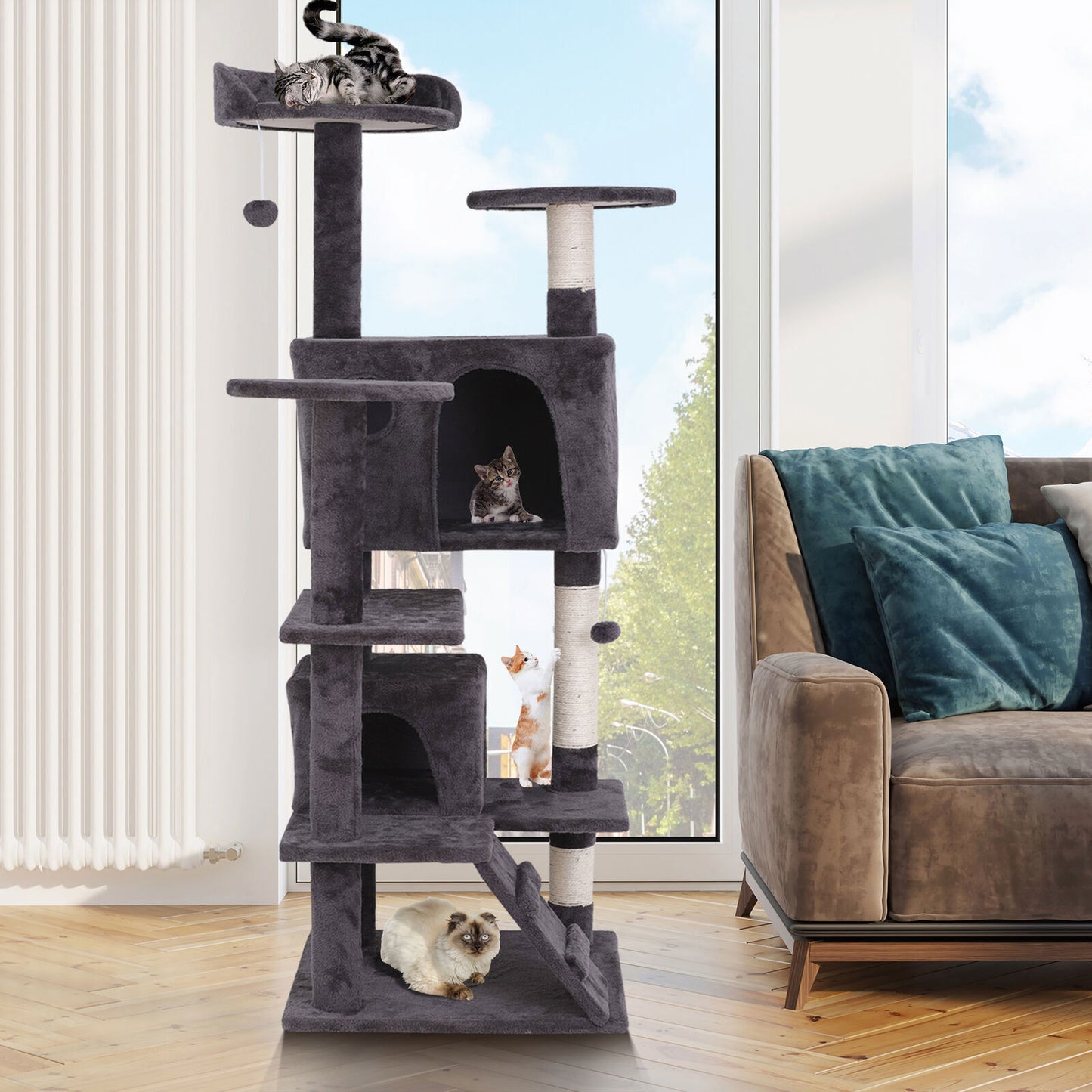 Elevate Your Cat's Playtime with the 55'' Cat Tree Tower Condo - Multi-Level Platforms and Safety Scratch Post