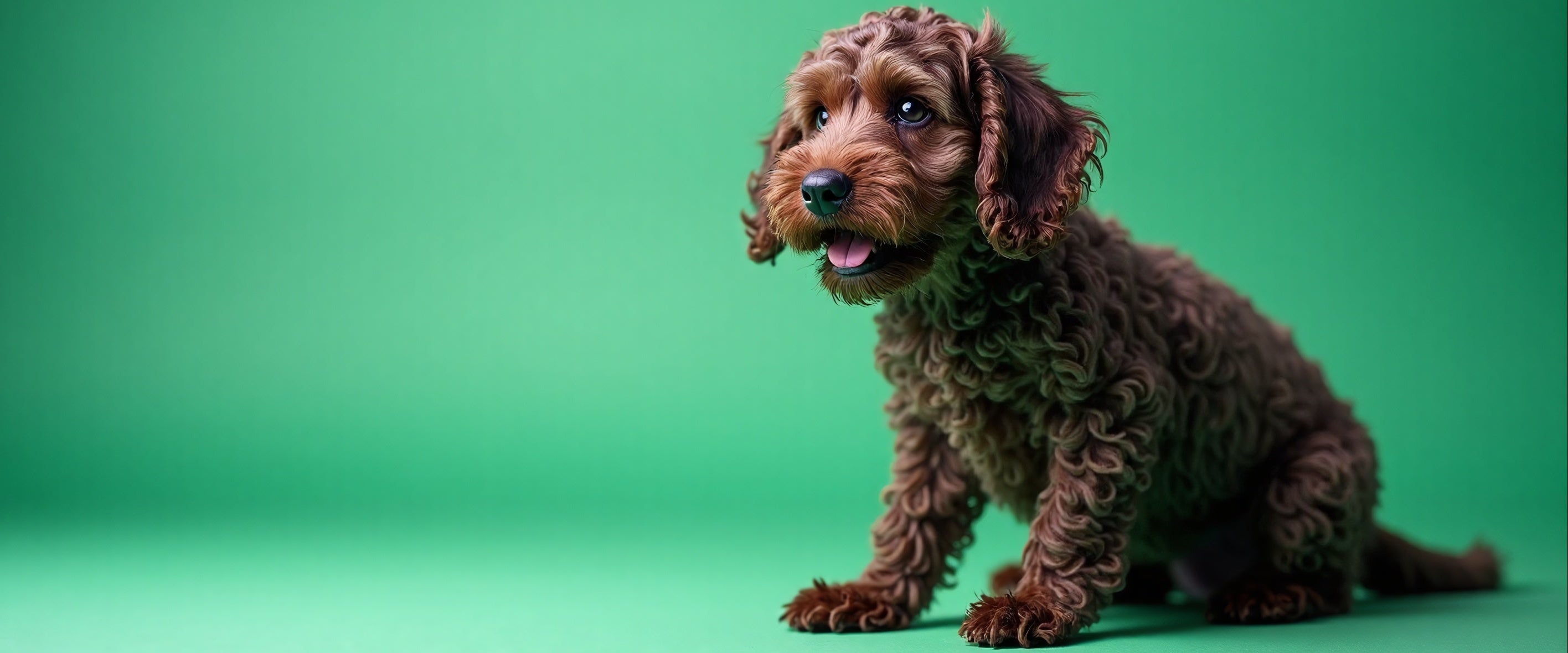 Brown curly-haired dog on a green background
